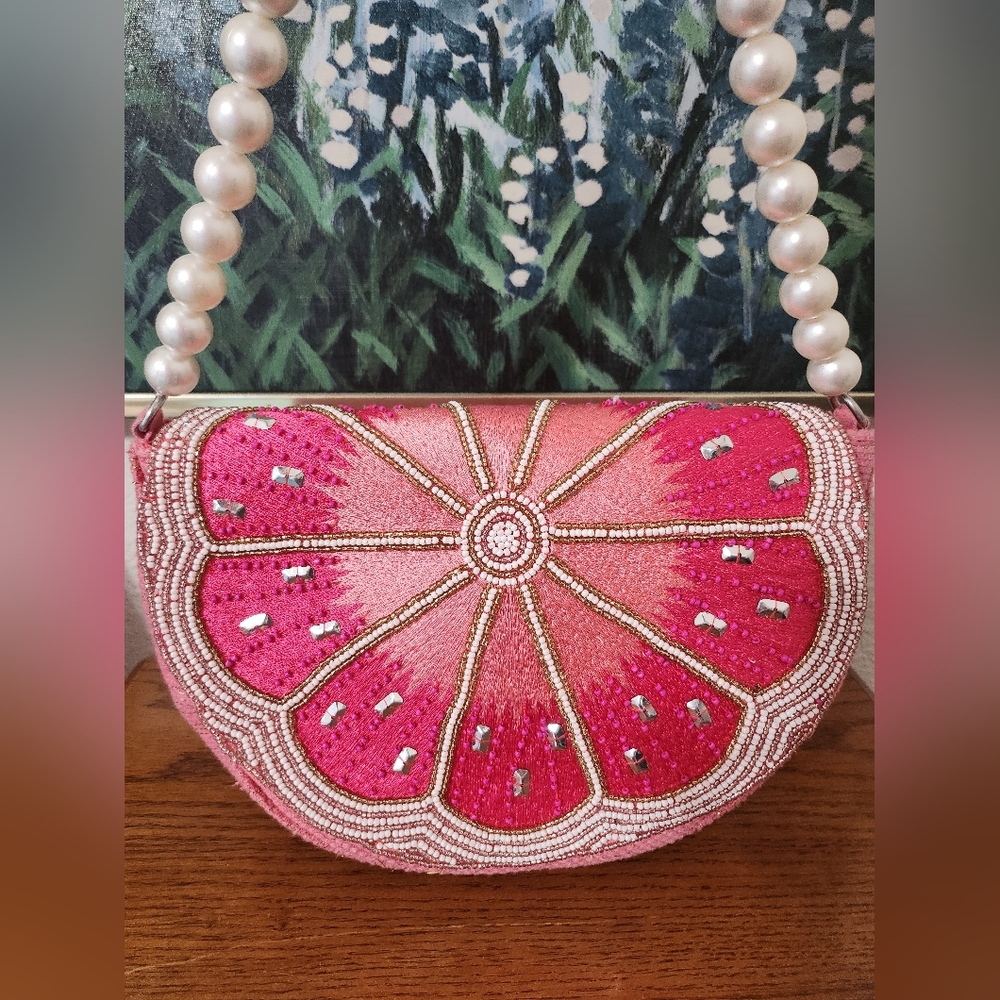 Viral Grapefruit Beaded Clutch with Pearl Strap. Only Used Once. In Ex Condition - Picture 2 of 11
